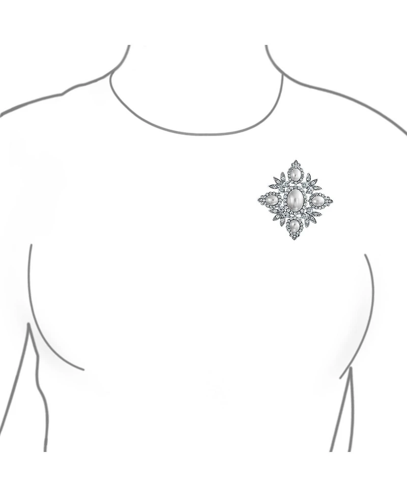 Bling Jewelry Statement Fashion Crystal Leaf Flower White Faux Pearl Brooch Pin Silver Plated