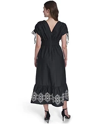 Vince Camuto Women's V-Neck Embroidered Hem Midi Dress