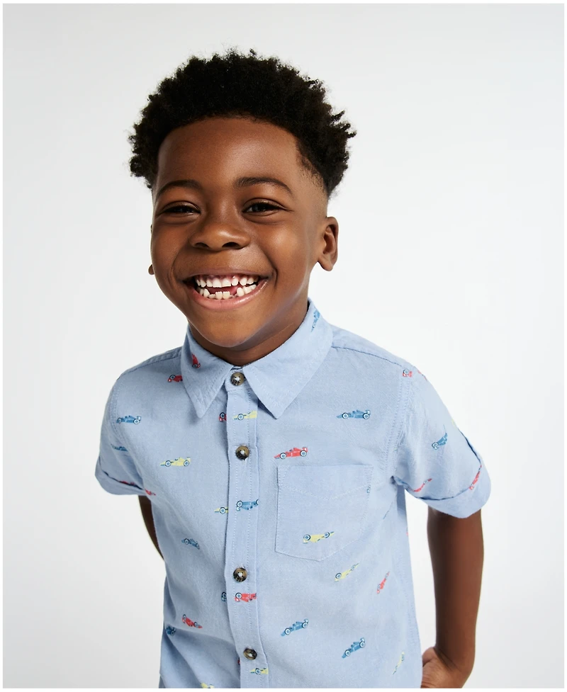 Kids Headquarters Boys' 2T-5 Short-Sleeve Racecar Print Oxford Shirt & Shorts, 2-Piece Set