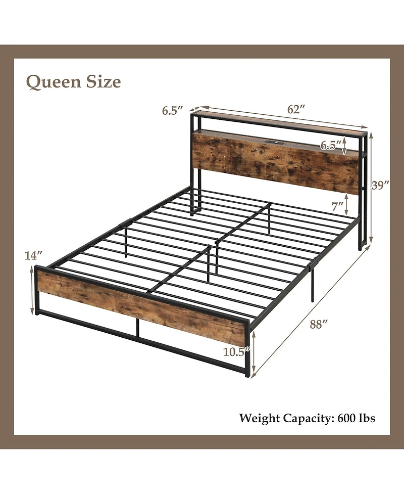 Gymax Industrial Platform Bed Frame with Charging Station Storage Headboard