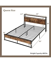 Gymax Industrial Platform Bed Frame with Charging Station Storage Headboard