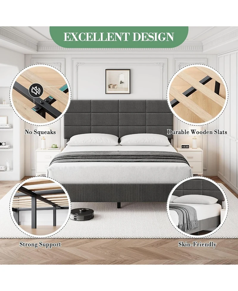 gaomon Queen Linen Upholstered Platform Bed, Adjustable Headboard, Noise-Free Mattress Foundation, Strong Slats, No Box Spring
