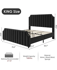 gaomon Velvet King Bed Frame, 50.2" Tall Channel-Tufted Headboard and Footboard, Nailhead Trim, Platform Design