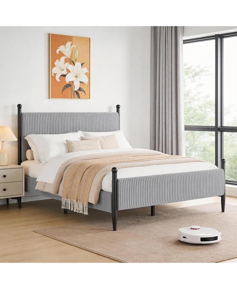gaomon Full Bed Frame with Velvet Headboard, Upholstered Corduroy Platform, Wood Slats Support