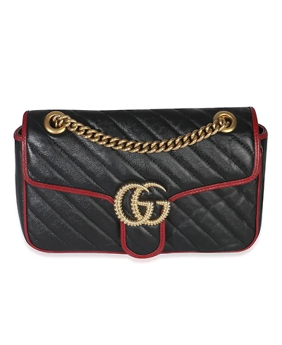 Pre-Owned Gucci Red Black Calfskin Torchon Small Gg Marmont Bag