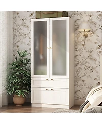 Famapy Wardrobe Closet with 2 Glass Doors and 2 Drawers, Wardrobe Closet Armoire with Hanging Rod