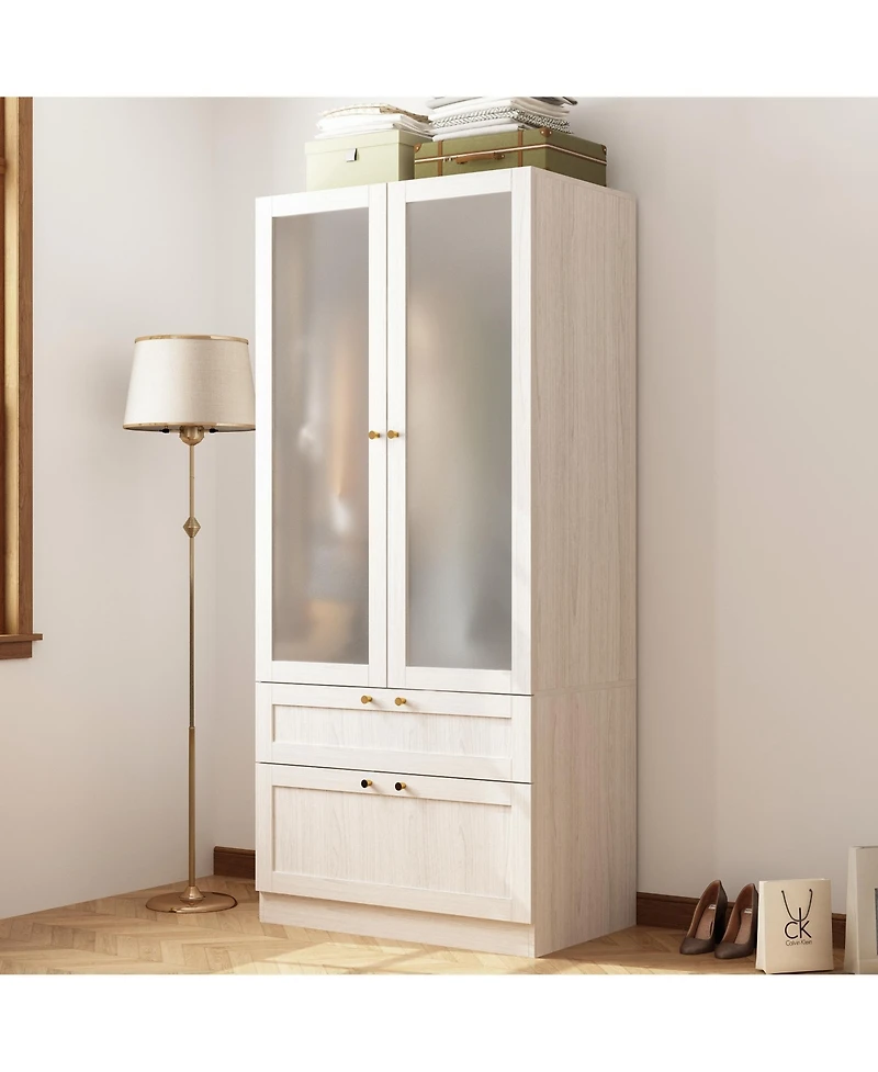 Famapy Wardrobe Closet with 2 Glass Doors and 2 Drawers, Wardrobe Closet Armoire with Hanging Rod