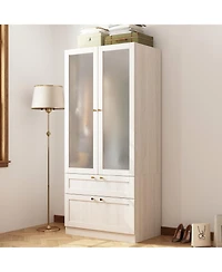 Famapy Wardrobe Closet with 2 Glass Doors and 2 Drawers, Wardrobe Closet Armoire with Hanging Rod