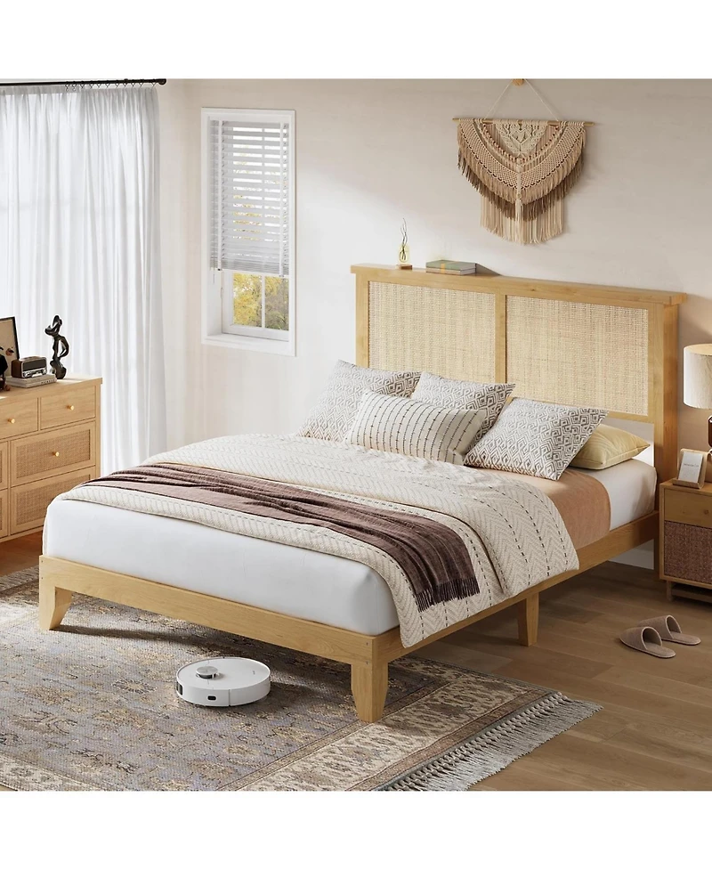 gaomon Queen Rattan Bed Frame With Led Headboard and Rattan Strong Wood Platform Silent Slats Storage No Box Spring