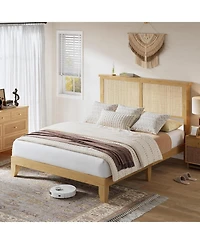 gaomon Queen Rattan Bed Frame With Led Headboard and Rattan Strong Wood Platform Silent Slats Storage No Box Spring