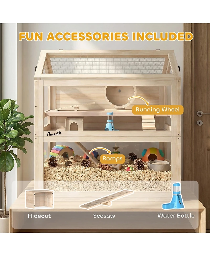 PawHut Wooden Hamster Cage, 3-Tier Small Animal Cage with Hut, Seesaw, Ramps