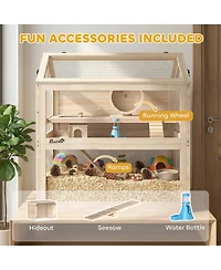PawHut Wooden Hamster Cage, 3-Tier Small Animal Cage with Hut, Seesaw, Ramps
