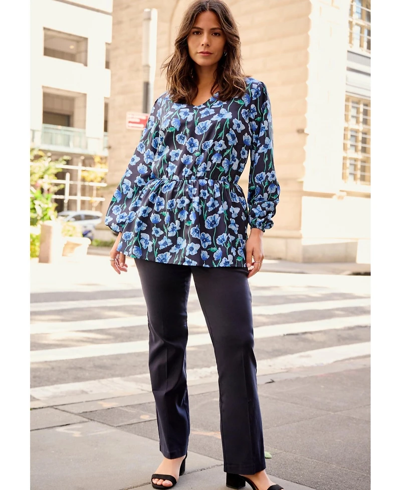 Avenue Women's Plus V Neck Blouson Elastic Waist Blouse