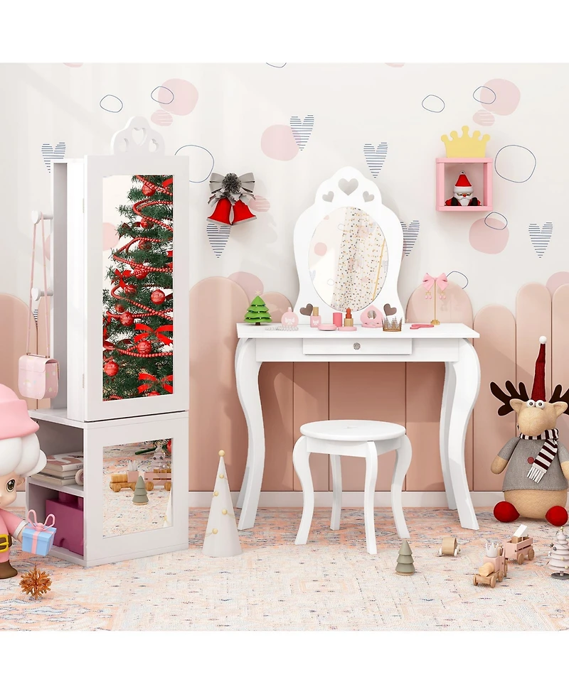 Sugift Princess Vanity Table and Stool Jewelry Armoire with Mirror