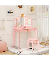 Sugift Kids Vanity Set with Tri Fold Lighted Mirror and Stool