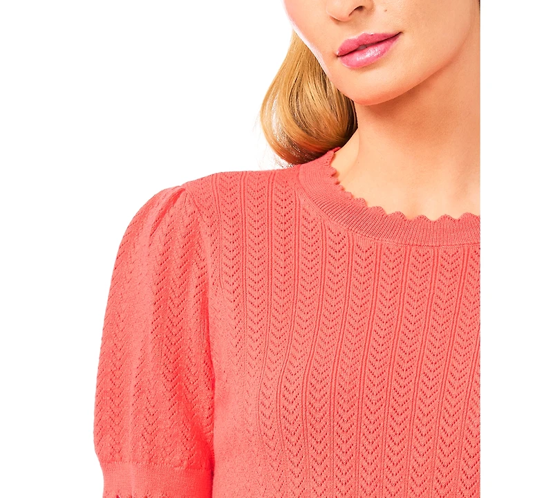 CeCe Women's Crew Neck Pointelle Sweater
