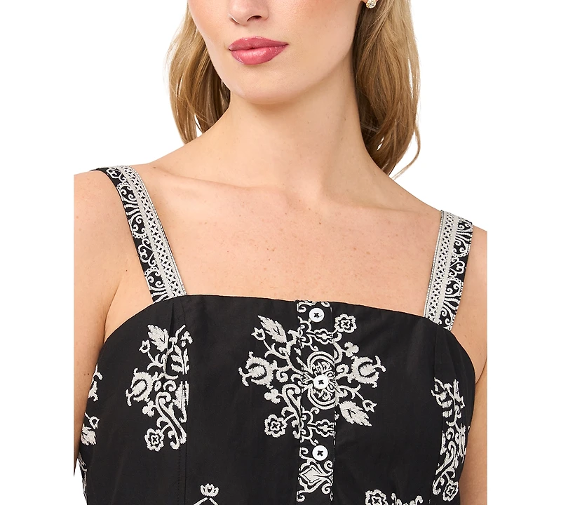 CeCe Women's Printed Sleeveless Square Neck Cotton Babydoll Top