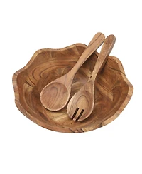 Gibson Home Sandhurst 3-Piece Acacia Wood Salad Bowl Set – 12-Inch Scalloped Serving Bowl with Wooden Salad Servers