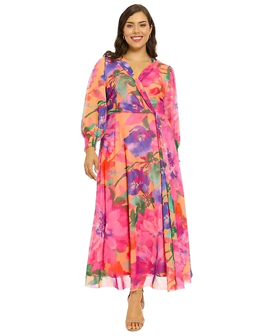 London Times Plus Printed Blouson-Sleeve Maxi Dress