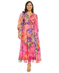 London Times Plus Printed Blouson-Sleeve Maxi Dress