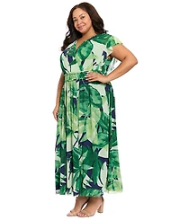London Times Plus Flutter-Sleeve Surplice Neck Tiered Maxi Dress