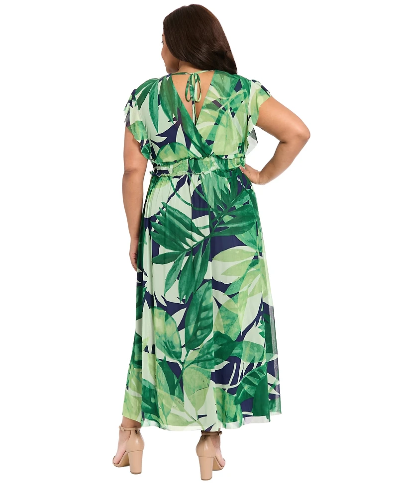 London Times Plus Flutter-Sleeve Surplice Neck Tiered Maxi Dress