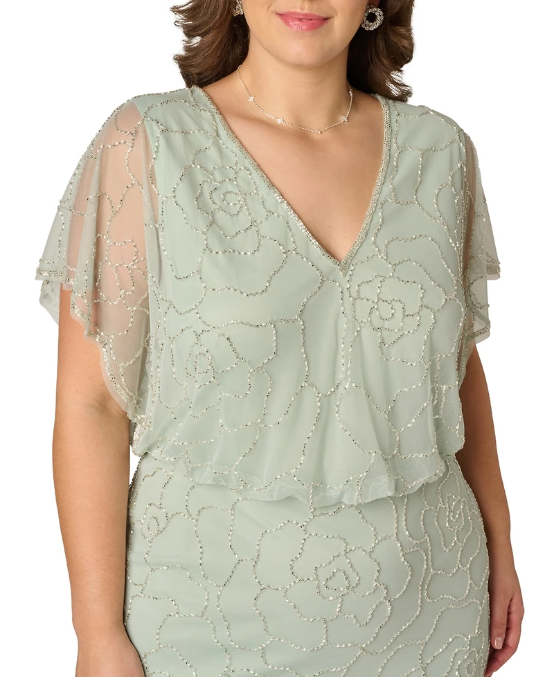 Adrianna Papell Plus Beaded Blouson-Sleeve Ball Gown