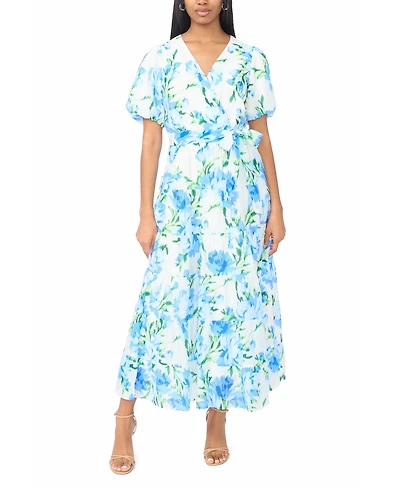 Msk Women's Faux Wrap V-Neck Tie-Waist Tiered Maxi Dress