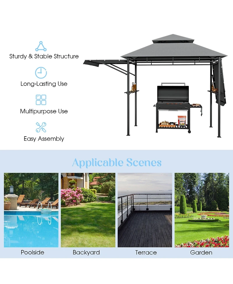 Gymax 13.5' x 4' Patio Bbq Grill Gazebo Side Awnings Shelves 2-Tier Canopy Outdoor