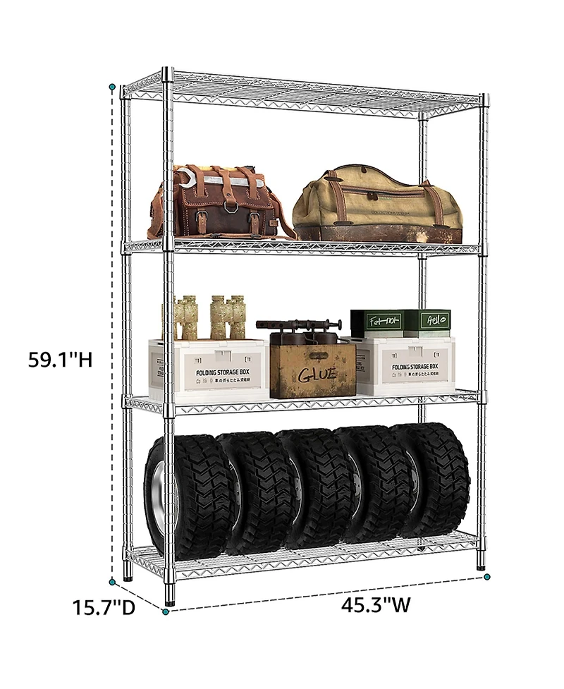 Rainsken 4- Tier Metal Storage Shelves, Adjustable Wire Shelving Rack for Garage, Basement, Warehouse