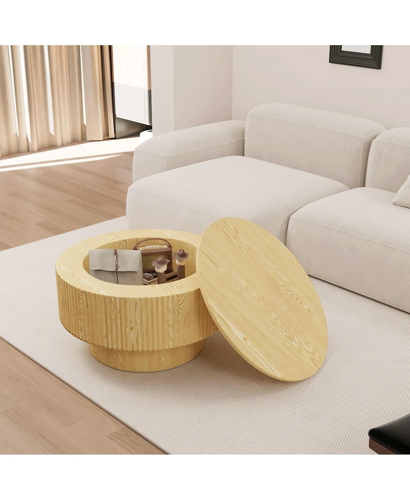 Rainsken Modern Circular Coffee Table, 29.53" Center Table with Pedestal, Round Stripe and Concealed Storage for Living Room