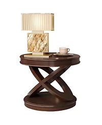 Rainsken X-shape Base Coffee Table - 22" Retro Round Wooden End Table for Living Room, Small Space
