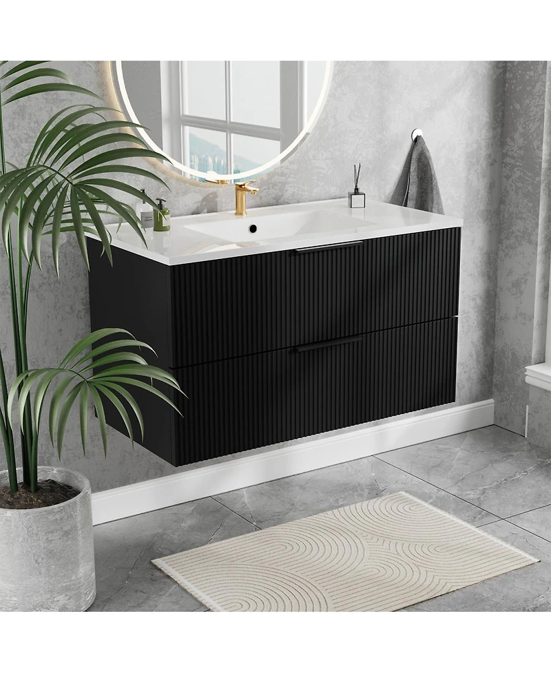 Sillysis 36" Wall Mounted Bathroom Vanity with Ceramic Sink, Fluted Mdf Cabinet & Drawers for Modern Bathrooms