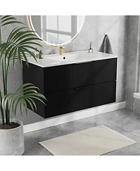 Sillysis 36" Wall Mounted Bathroom Vanity with Ceramic Sink, Fluted Mdf Cabinet & Drawers for Modern Bathrooms