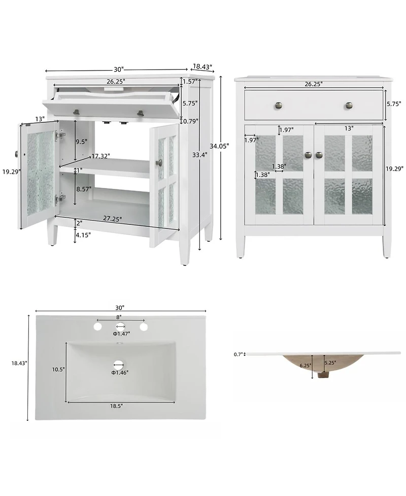 Sillysis 30" Bathroom Vanity with Sink, Modern Solid Wood Cabinet Textured Glass Doors, Flip-Out Tray & Adjustable Shelf