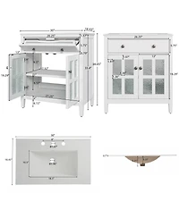 Sillysis 30" Bathroom Vanity with Sink, Modern Solid Wood Cabinet Textured Glass Doors, Flip-Out Tray & Adjustable Shelf