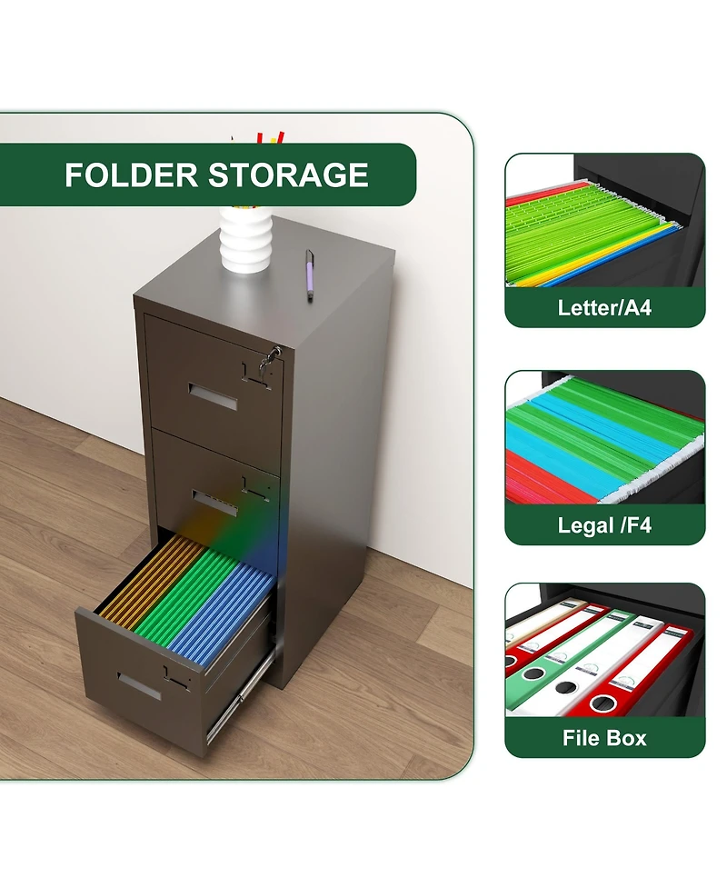 Rainsken 3 Drawer Vertical File Cabinet, Lockable Filing Cabinet with Card Slot, Storage Cabinet for Home Office, Holds A4/Letter/Legal Files