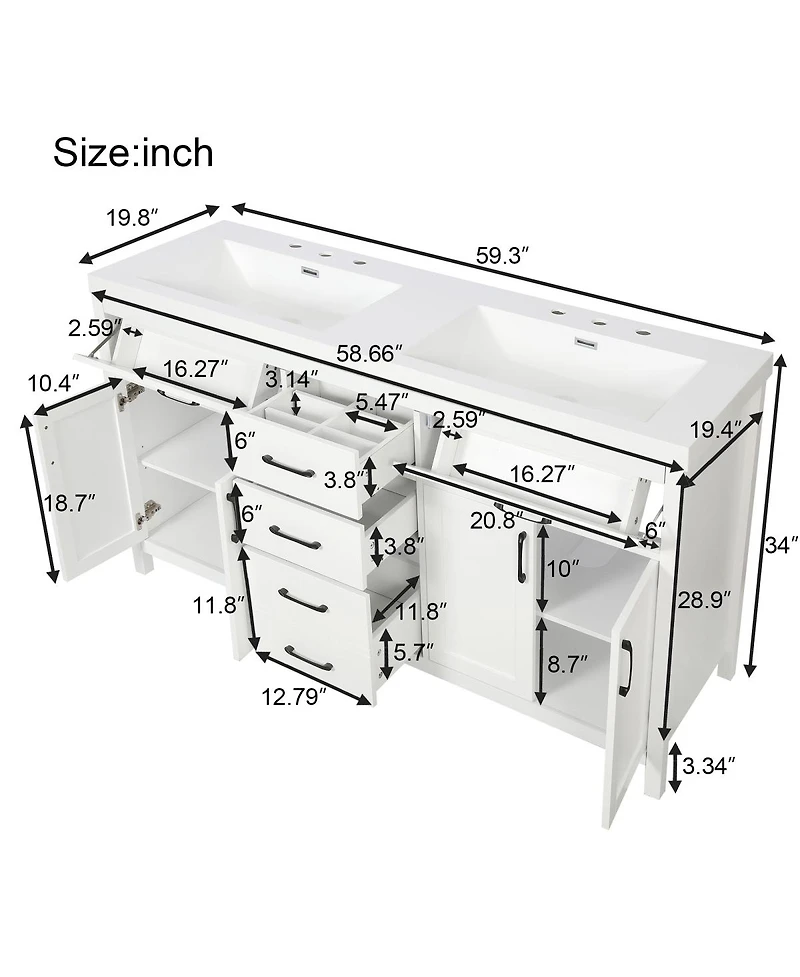 Sillysis 59.3" White Double Sink Bathroom Vanity with Smc Resin Basin, Solid Wood Frame & Soft Close Drawers for Large Bathrooms