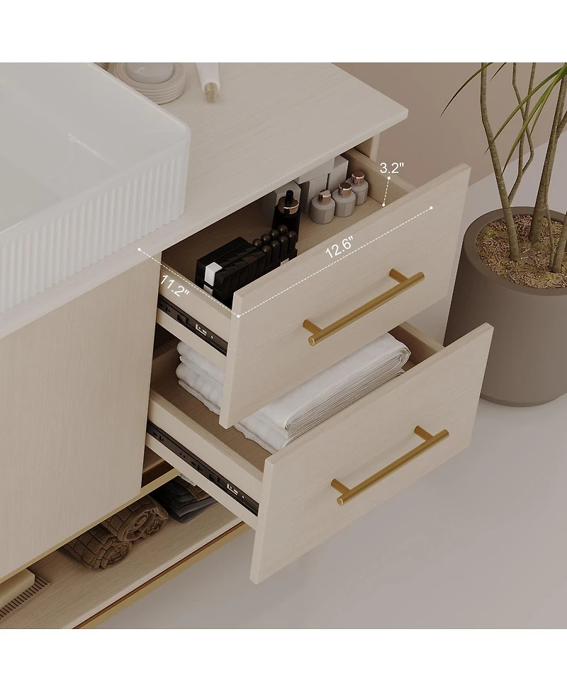 Sillysis 47.2" Bathroom Vanity with Ceramic Vessel Sink, Gold Stainless Steel Frame & Open Shelf, Modern Oak Freestanding Cabinet