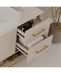 Sillysis 47.2" Bathroom Vanity with Ceramic Vessel Sink, Gold Stainless Steel Frame & Open Shelf, Modern Oak Freestanding Cabinet