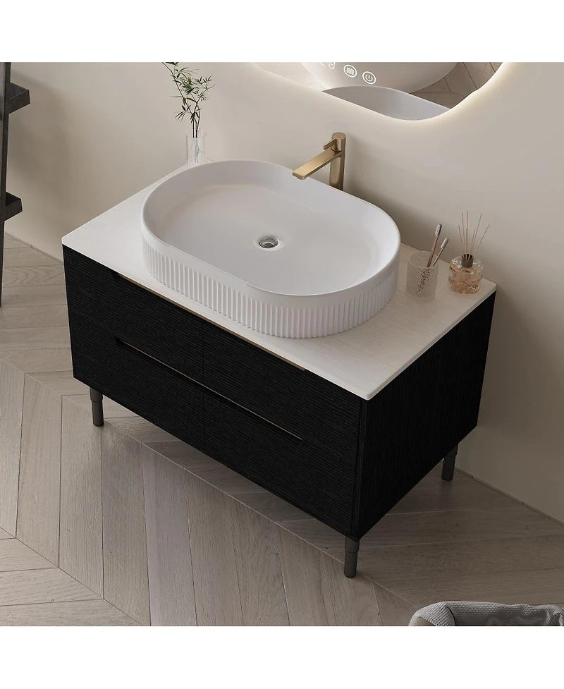 Sillysis 36" Bathroom Vanity with Ceramic Integrated Sink, Soft Close Drawers & Modern Storage Cabinet, Floating or Freestanding