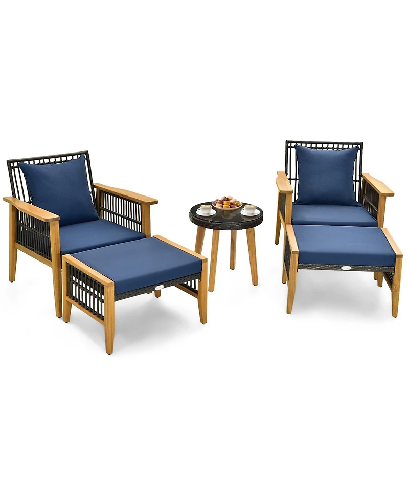 Gymax 5PCS Acacia Wood Wicker Woven Furniture Set w/ Coffee Table and 2 Ottomans Patio