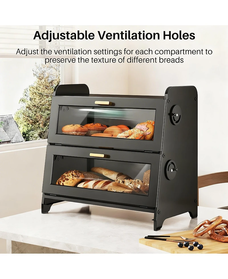 Yigii Bread Box 2-Tier Bamboo Storage Cutting Board Adjustable Vent