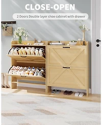 Homfan Slim Entrance Hallway Shoe Rack with 2 Folding Drawers - Adjustable Shelves - Metal Legs - Modern Space Saving Design - Capacity 12-16 Pairs
