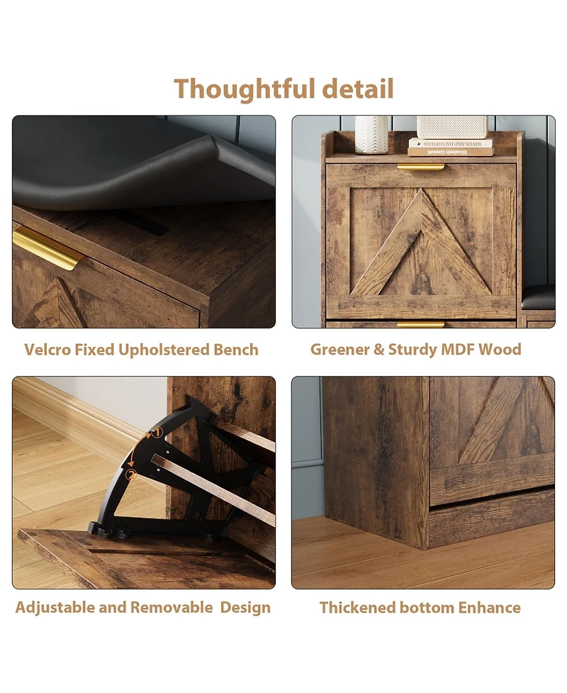 Homfan Farmhouse Entryway Shoe Cabinet with Bench and 4 Flip Drawers, Comfort Cushioned Shoe Storage Bench, Freestanding Shoe Organizer