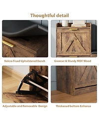 Homfan Farmhouse Entryway Shoe Cabinet with Bench and 4 Flip Drawers, Comfort Cushioned Shoe Storage Bench, Freestanding Shoe Organizer