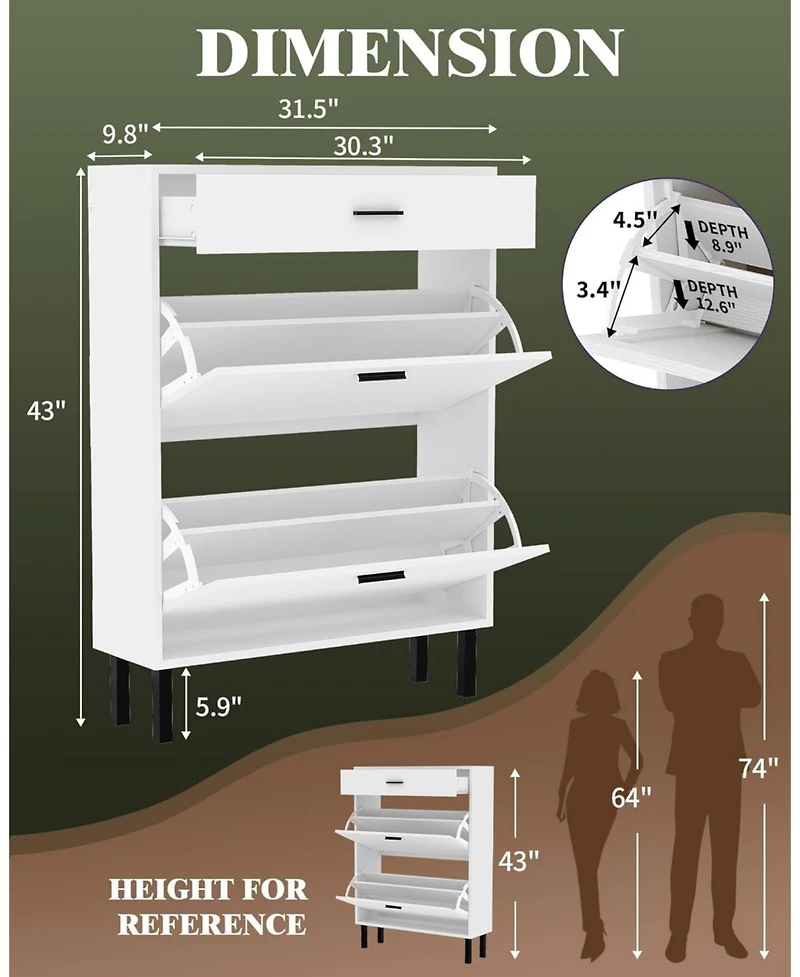 Homfan Slim 3-Tier Shoe Storage Cabinet with Dual Turn over Drawers – Adjustable Shelves, Hidden Rack, Space-Saving Entryway Organizer
