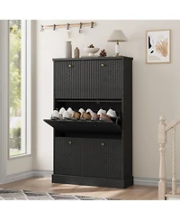 Homfan Fluted Shoe Cabinet Storage with 3 Flip Drawers, Wooden Narrow Organizer Adjustable and Removable Shelves