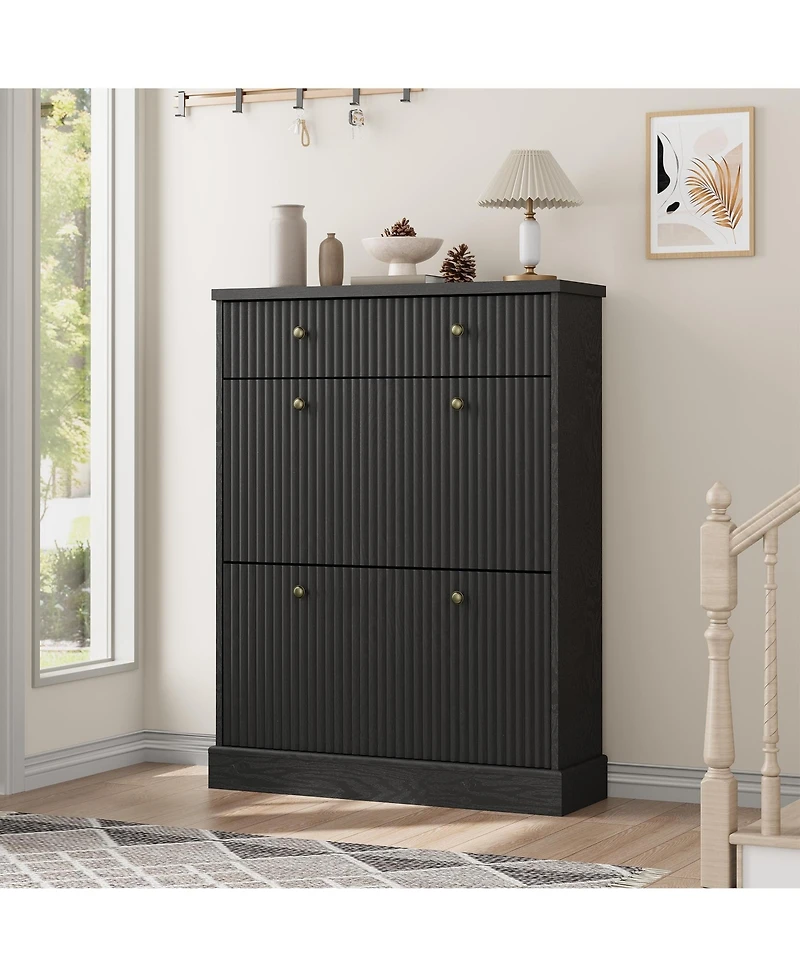 Homfan Fluted Shoe Storage Cabinet with 2 Flip Drawers and Top Drawer, 42" Tall Narrow Organizer, Curved Profile Design