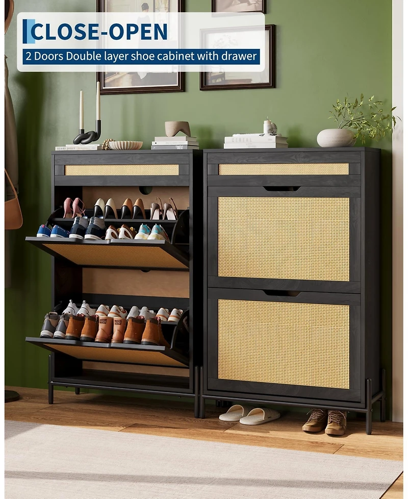 Homfan Rattan Shoe Cabinet Storage with 2 Flip Drawers and Top Drawer, Freestanding Organizer Wooden Slim Rack